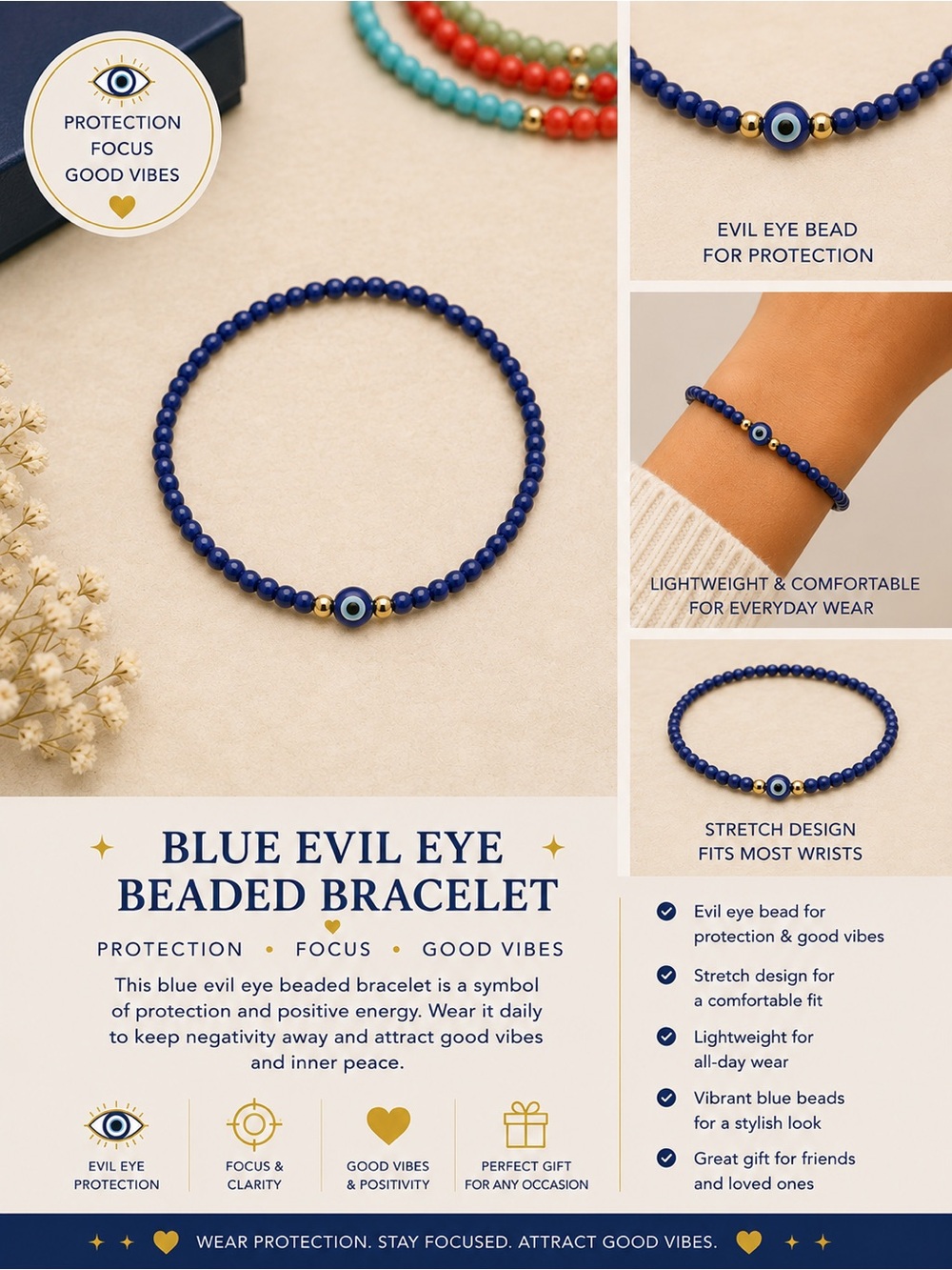 Blue Evil Eye Beaded Bracelet – Protection Focus Good Vibes